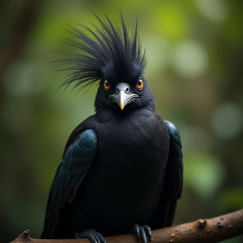 A photorealistic portrait of a Umbrellabird in its natural habitat