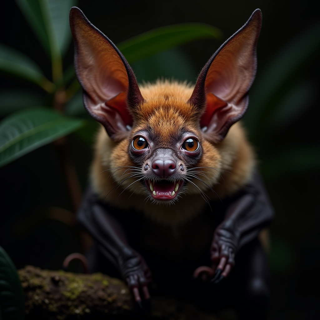 A photorealistic portrait of a Vampire Bat in its natural habitat