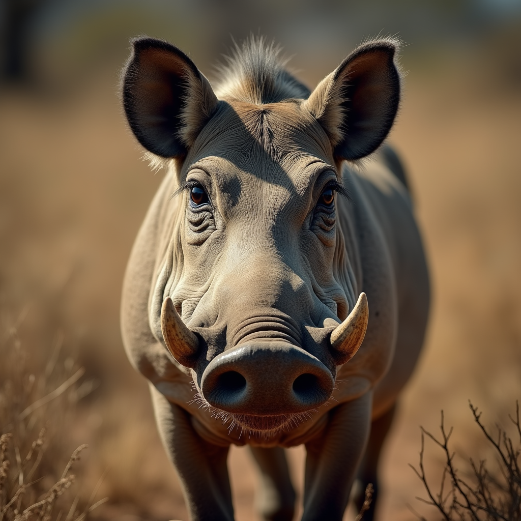 A photorealistic portrait of a Warthog in its natural habitat