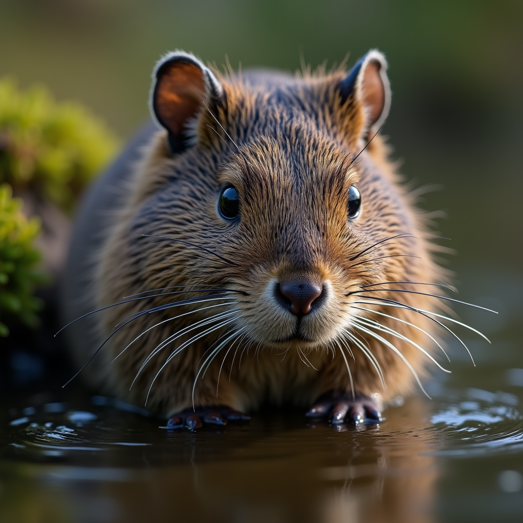 A photorealistic portrait of a Water Vole in its natural habitat