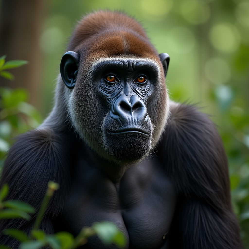 A photorealistic portrait of a Western Gorilla in its natural habitat