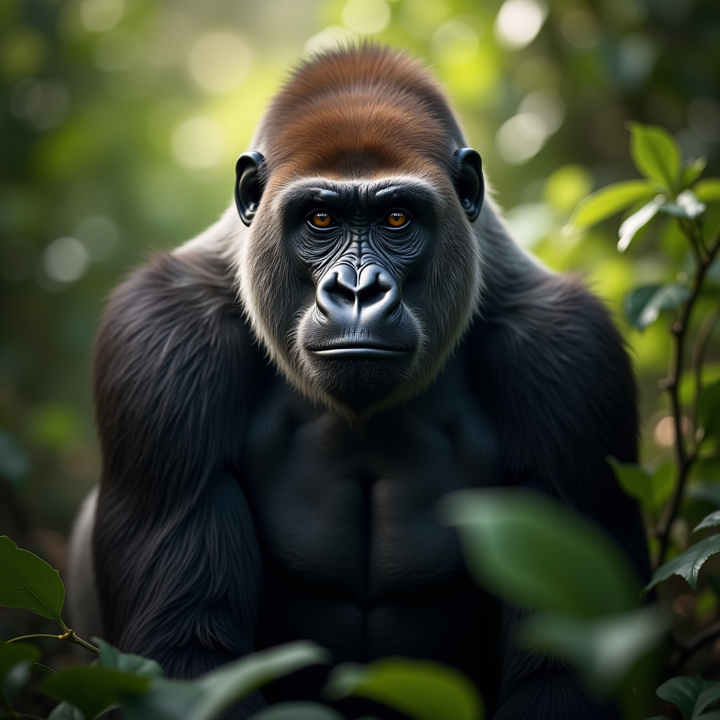 A photorealistic portrait of a Western Gorilla in its natural habitat