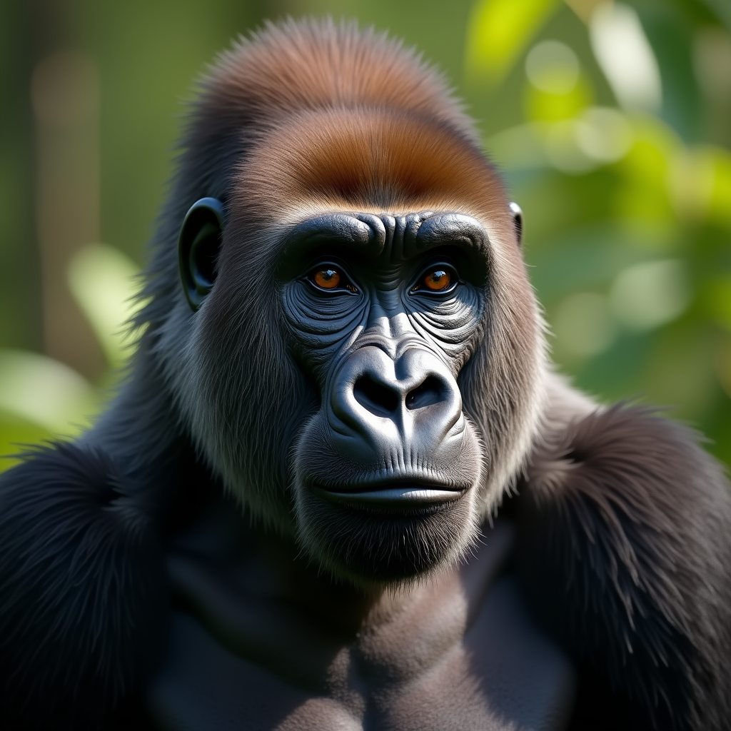 A photorealistic portrait of a Western Lowland Gorilla in its natural habitat
