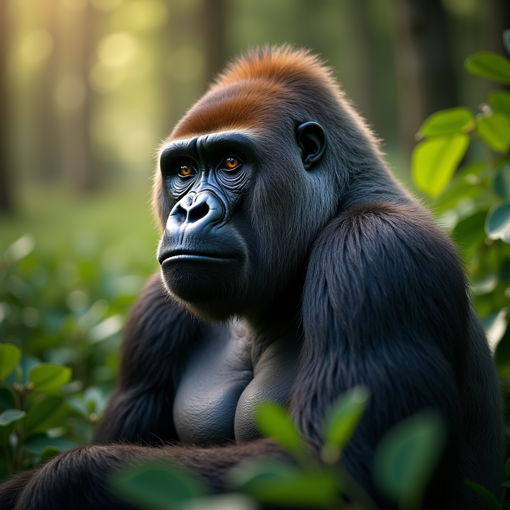 A photorealistic portrait of a Western Lowland Gorilla in its natural habitat