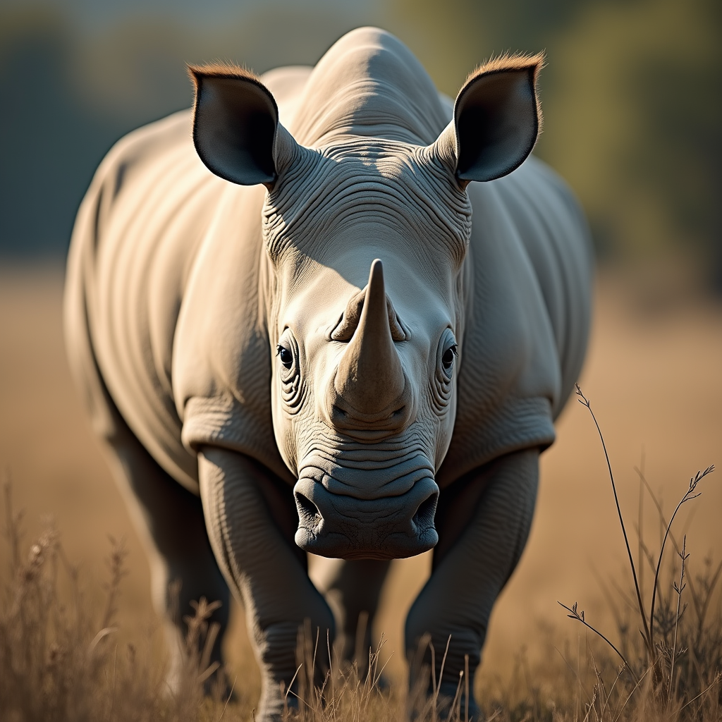 A photorealistic portrait of a White Rhinoceros in its natural habitat