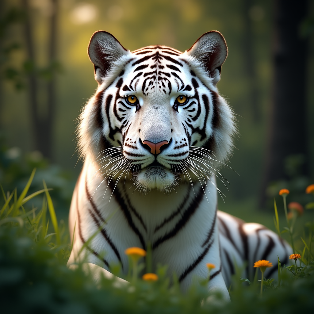 A photorealistic portrait of a White Tiger in its natural habitat