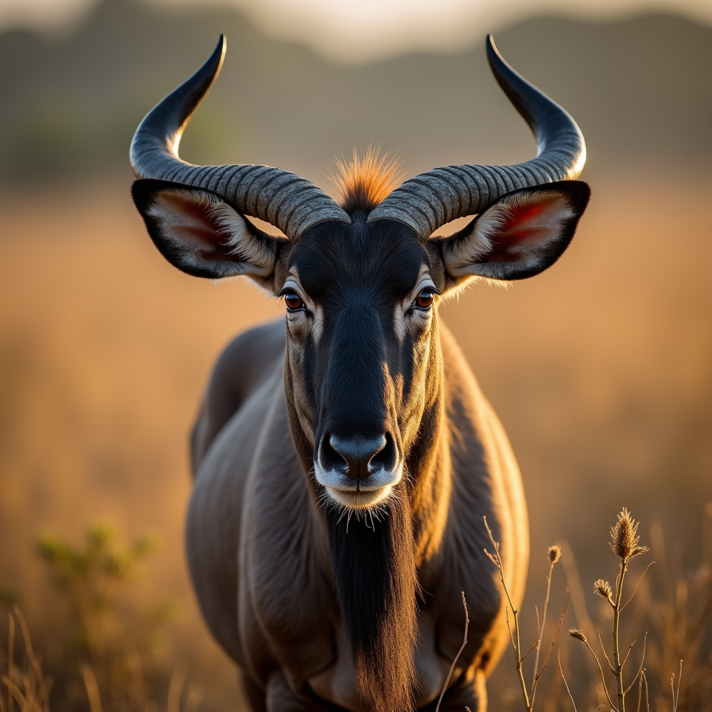 A photorealistic portrait of a Wildebeest in its natural habitat