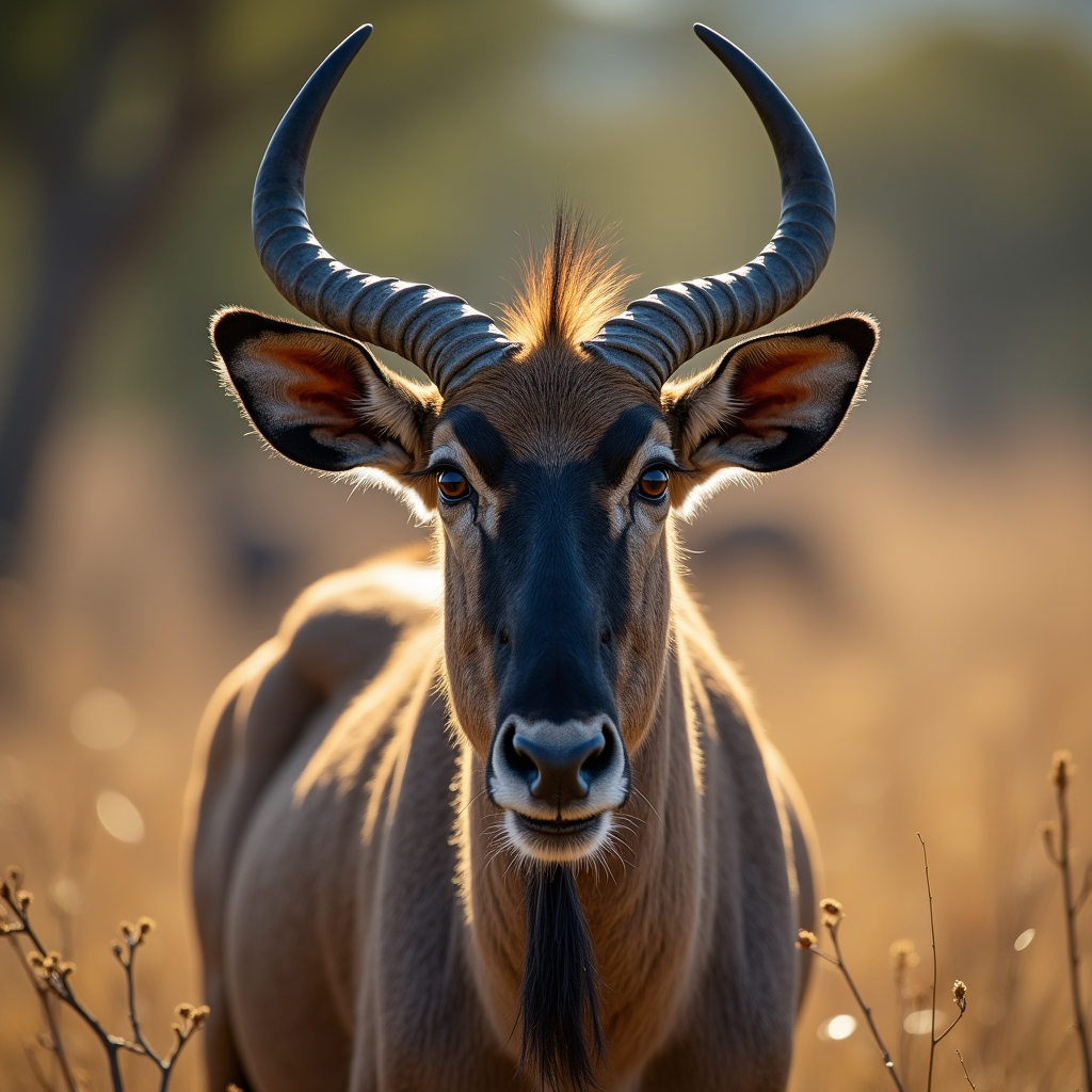 A photorealistic portrait of a Wildebeest in its natural habitat