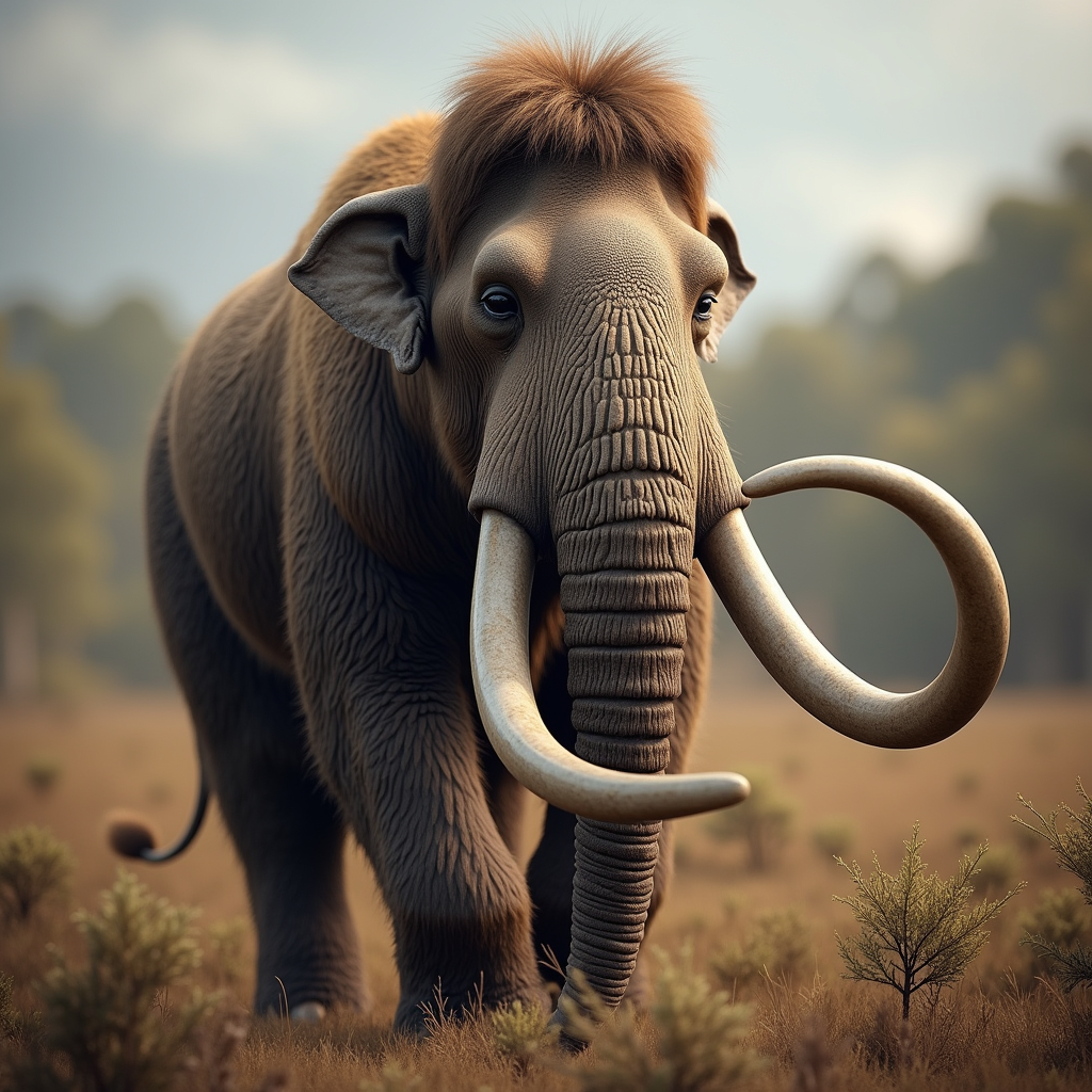 A photorealistic portrait of a Woolly Mammoth in its natural habitat