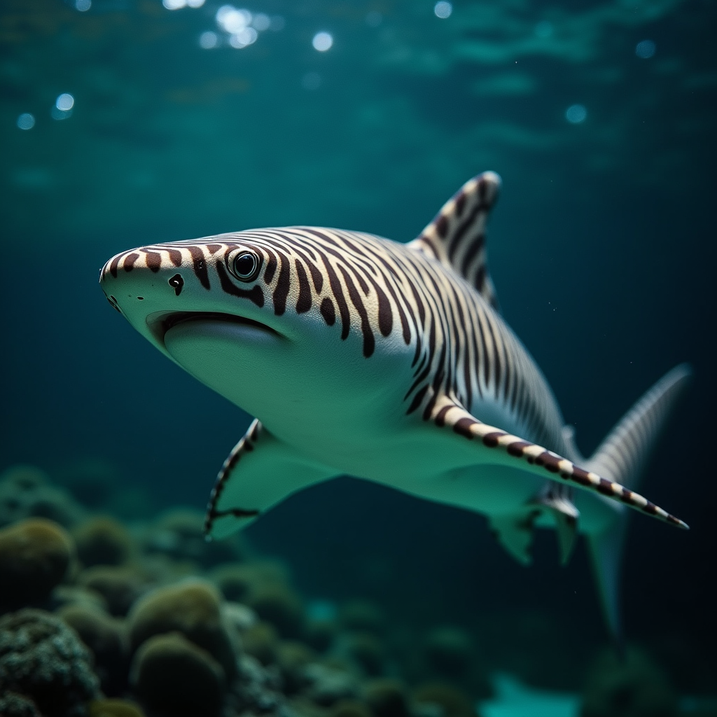 A photorealistic portrait of a Zebra Shark in its natural habitat