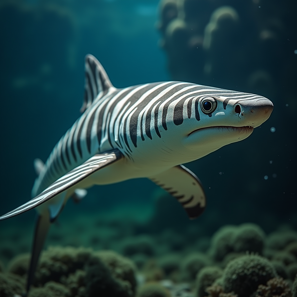 A photorealistic portrait of a Zebra Shark in its natural habitat