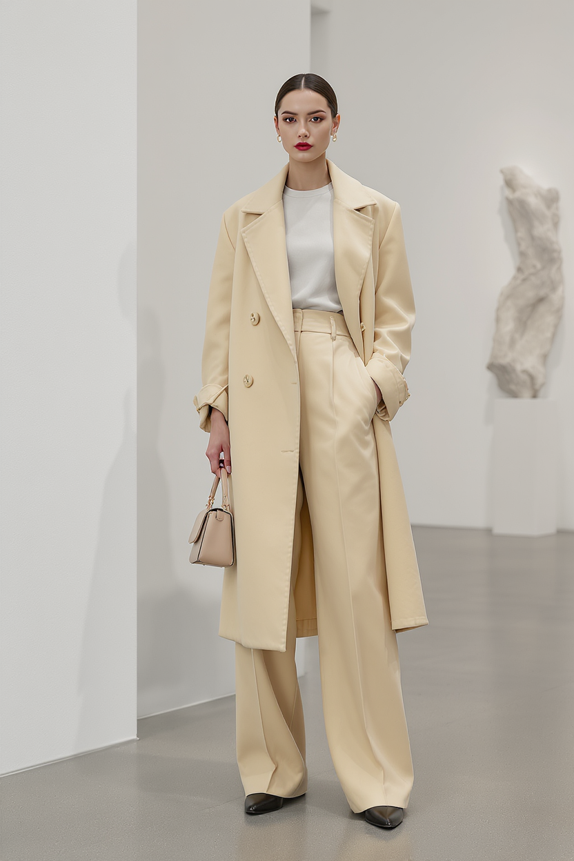 Use the clothing from the canvas node named “服装白底图” as the exact outfit reference and the person appearance from the canvas node named “数字人”. Generate a realistic high-fashion editorial image of the digital human model wearing the exact outfit inside a minimal contemporary art gallery, white walls and sculptural art, sophisticated pose, soft directional light, accurate garment color, silhouette, material and details, no text, no logos, portrait 2:3 composition.