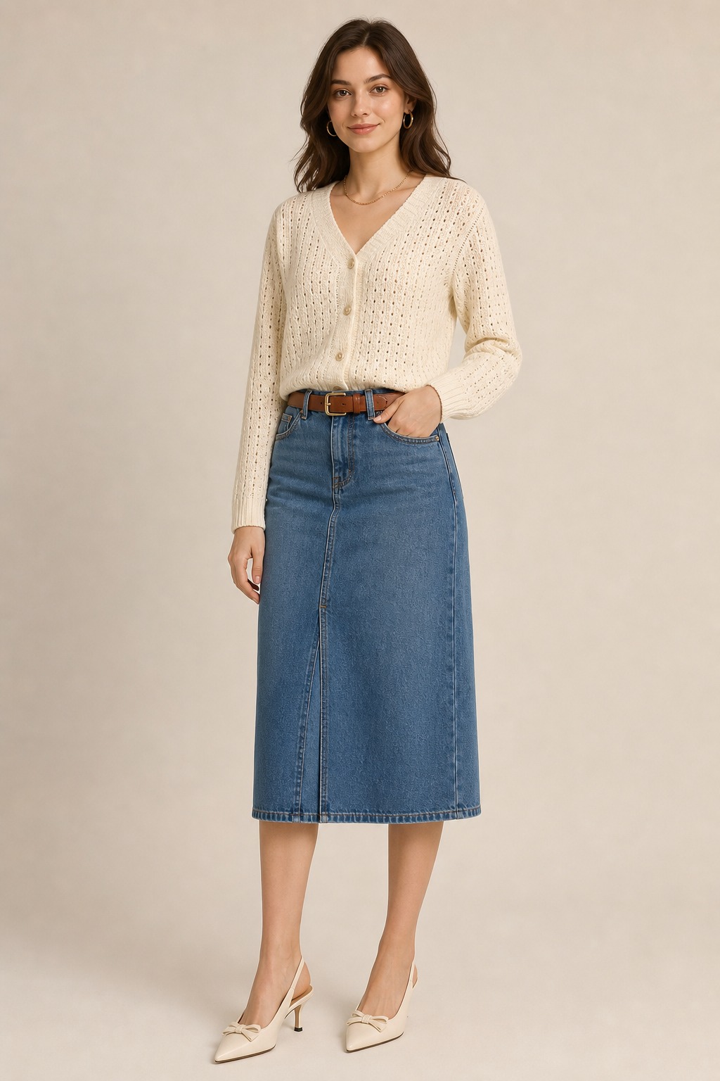 Use canvas reference image node image-cRKSkIrNR6wfaikGBa7_N as the exact model identity and canvas reference image node 无标题-WnClyZaEmuHL3fqFVe4S7 as the exact clothing reference. Create a photorealistic full-body fashion outfit photo. Preserve the model's face, identity, hairstyle, body proportions, skin tone, and the clothing exactly: same garments, colors, pattern, fabric, fit, shoes, and accessories. Do not redesign or alter the outfit. Variation 1: confident gentle smile, standing upright in a relaxed three-quarter pose, one hand resting near the waist and the other naturally lowered, editorial studio lighting, clean neutral background, premium fashion catalog photography, realistic hands and anatomy, no text.