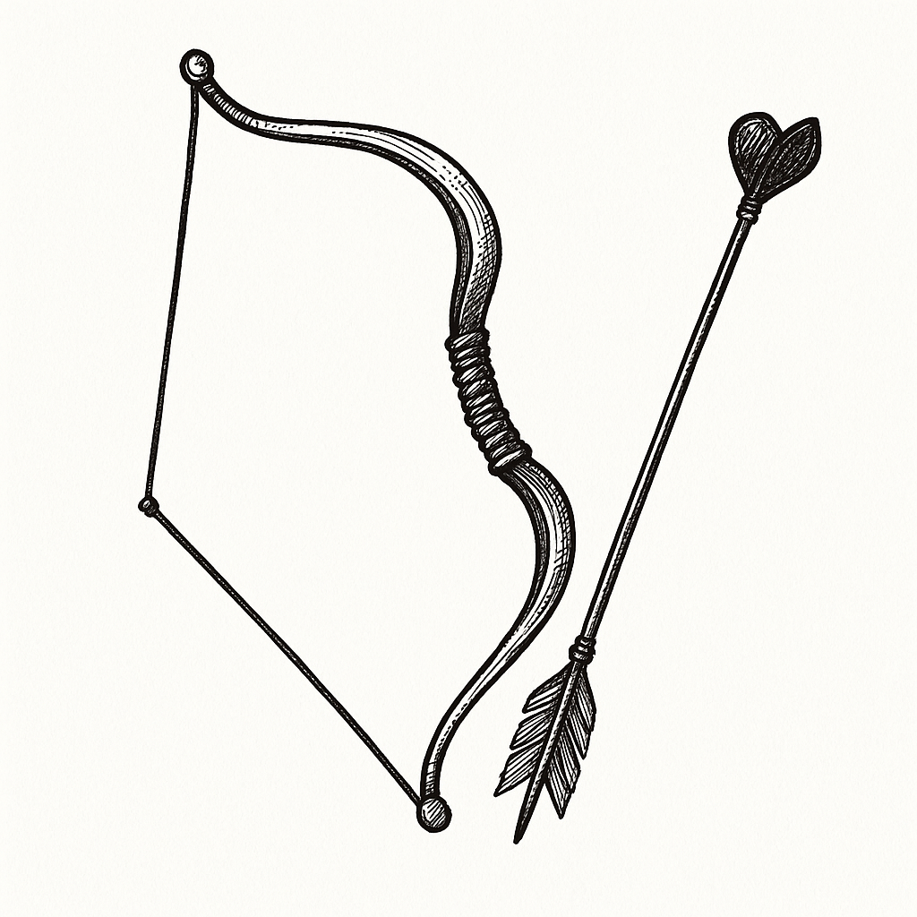 draw me a cupid's arrow and bow illustration, white background, black color drawing