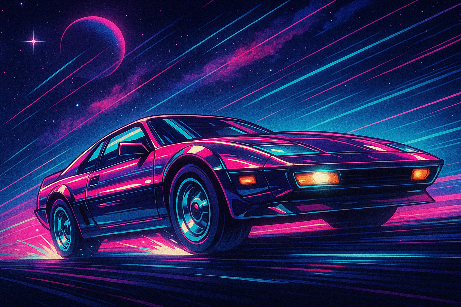 1980s anime-style illustration of a futuristic space car speeding through a neon starfield — low-angle dynamic poster composition, cel-shaded with bold linework, vibrant neon palette (magenta, cyan, purple) and teal accents, dramatic rim lighting, glossy reflections on the car, motion streaks and speed lines, VHS scanlines and subtle halftone grain for retro texture, lens flares and soft bloom, distant planet and colorful nebula in the background, cinematic contrast, poster-quality detail, dramatic perspective, no text or logos, no copyrighted characters, 1536x1024.