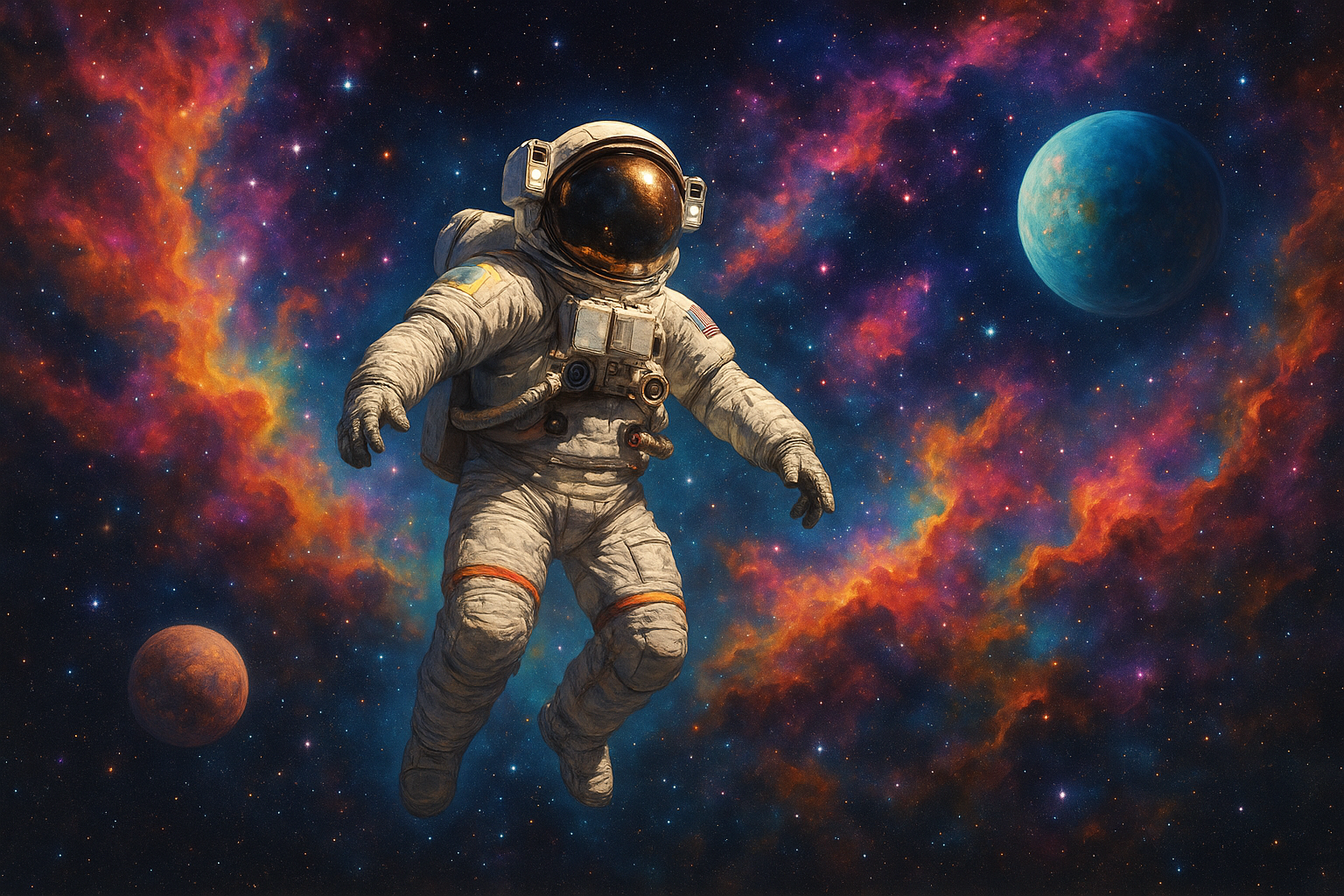 An astronaut floating in space, surrounded by colorful nebulas and distant planets.