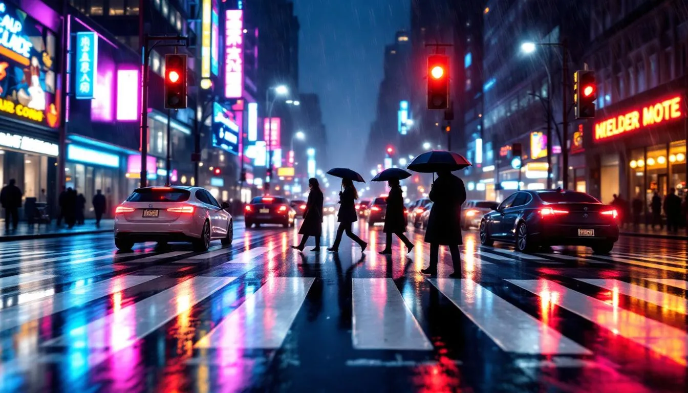 Photorealistic, cinematic night scene of a busy city crosswalk after rain. Cars are stopped at a red traffic light in the foreground, while pedestrians in coats and umbrellas are actively crossing the striped crosswalk. Pavement is rain-soaked with glossy reflections of neon signs and traffic lights across the wet asphalt. Colorful neon (magenta, cyan, amber) reflects in long streaks; subtle mist and light haze in the air. Background shows high-rise buildings with glowing windows and soft bokeh. Slight motion blur on some pedestrians to convey movement; cars are still. High dynamic range, sharp focus on the crosswalk lines and reflections, realistic lighting, no legible brand logos or text.