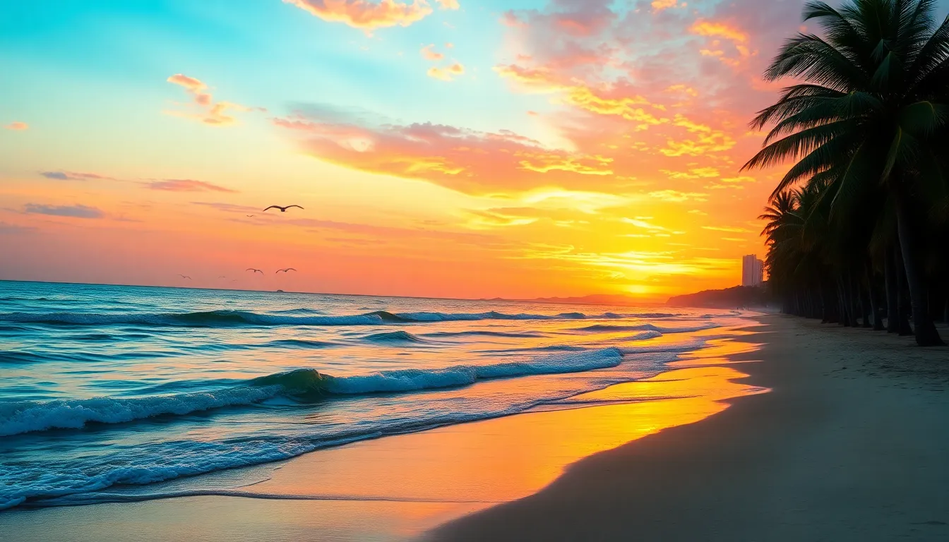 A realistic coastal view during sunset, with gentle waves lapping against the shore, palm trees in the foreground, and a colorful sky filled with hues of orange, pink, and purple. The water reflects the sunset colors and a few distant seagulls are flying in the sky.