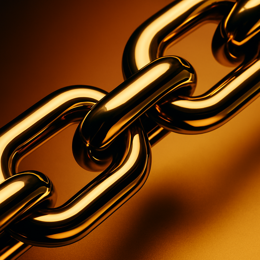 Close-up of interlocking metallic chain links with a sleek, futuristic design, rendered in a high-gloss gold finish. The composition emphasizes the fluid curvature and precision engineering of the links, reflecting warm golden and amber hues. The dramatic lighting creates a strong contrast between highlights and deep shadows, enhancing the sense of depth and solidity. The background transitions from deep orange to soft gold, complementing the luxurious and industrial aesthetic, evoking strength, connection, and resilience in a modern, high-tech style