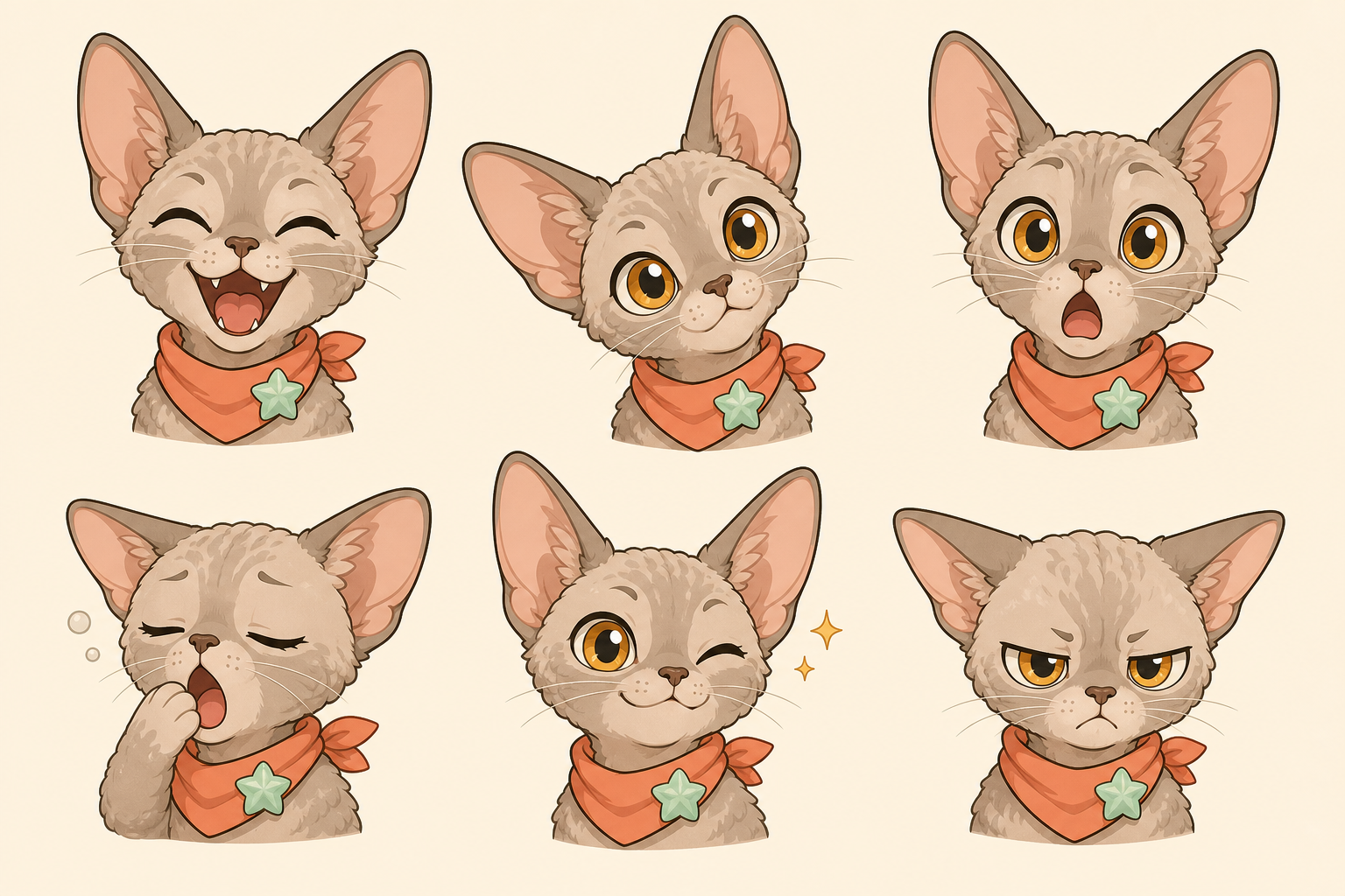 Create a polished character expression sheet for the same Devon Rex cat mascot from the reference concept: warm beige-gray short curly fur, oversized bat-like ears, amber eyes, coral-orange neckerchief, mint-green star badge. Show six separate cute bust portraits in a clean 2x3 grid on a warm cream background: happy laughing, curious tilted head, surprised, sleepy, proud wink, slightly grumpy. Consistent character design, bold clean outlines, flat vector-like colors, premium Chinese mascot IP style, clear facial expressions, no text, no watermark.