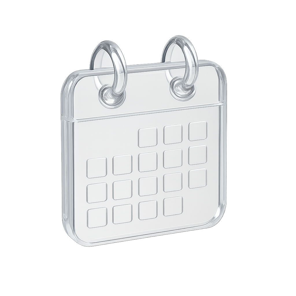 Create a super realistic 3d icon of a calendar. It should be floating on a white background. It should clearly communicate the subject. It should be completely transparent, and light, yet very realistic.