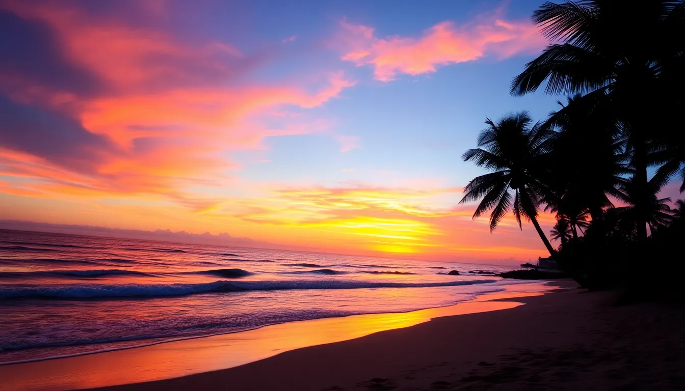 A realistic coastal sunset view, featuring gentle waves on a sandy beach, silhouetted palm trees in the foreground, and a colorful sky with vibrant orange, pink, and purple hues. The water reflects the sunset colors, creating a serene atmosphere.