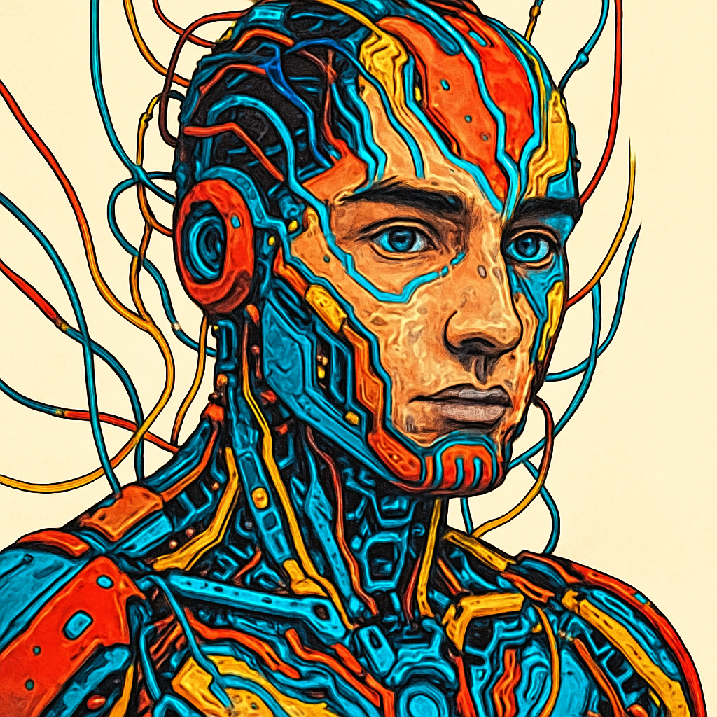 A cyborg-style human with complex wiring and bright-colored robotic parts, set against a bright background. The design should emphasize a fusion of human features and intricate machinery, with glowing circuits and high-tech textures.