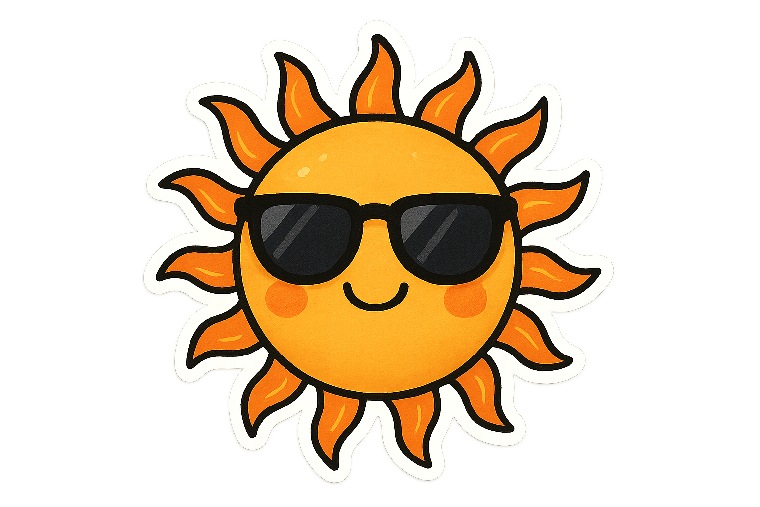 Create a whimsical graphic of a sun with sunglasses on a white background. Use clear, vibrant elements, intended to be printed on a 2 inch sticker.
