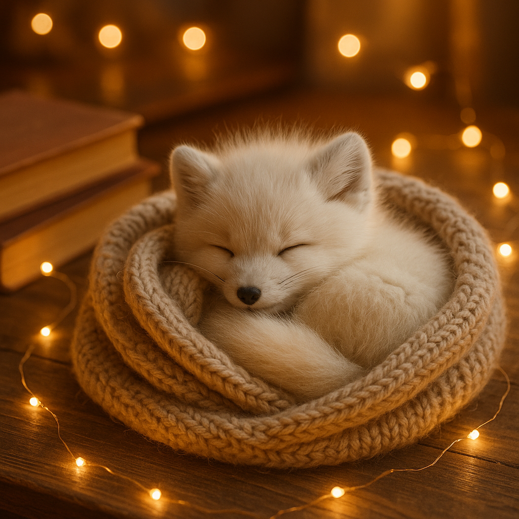 A fluffy baby arctic fox curled up inside a cozy knitted sweater, surrounded by glowing fairy lights and books on a wooden table, warm ambient lighting, soft textures, shallow depth of field, heartwarming and whimsical atmosphere