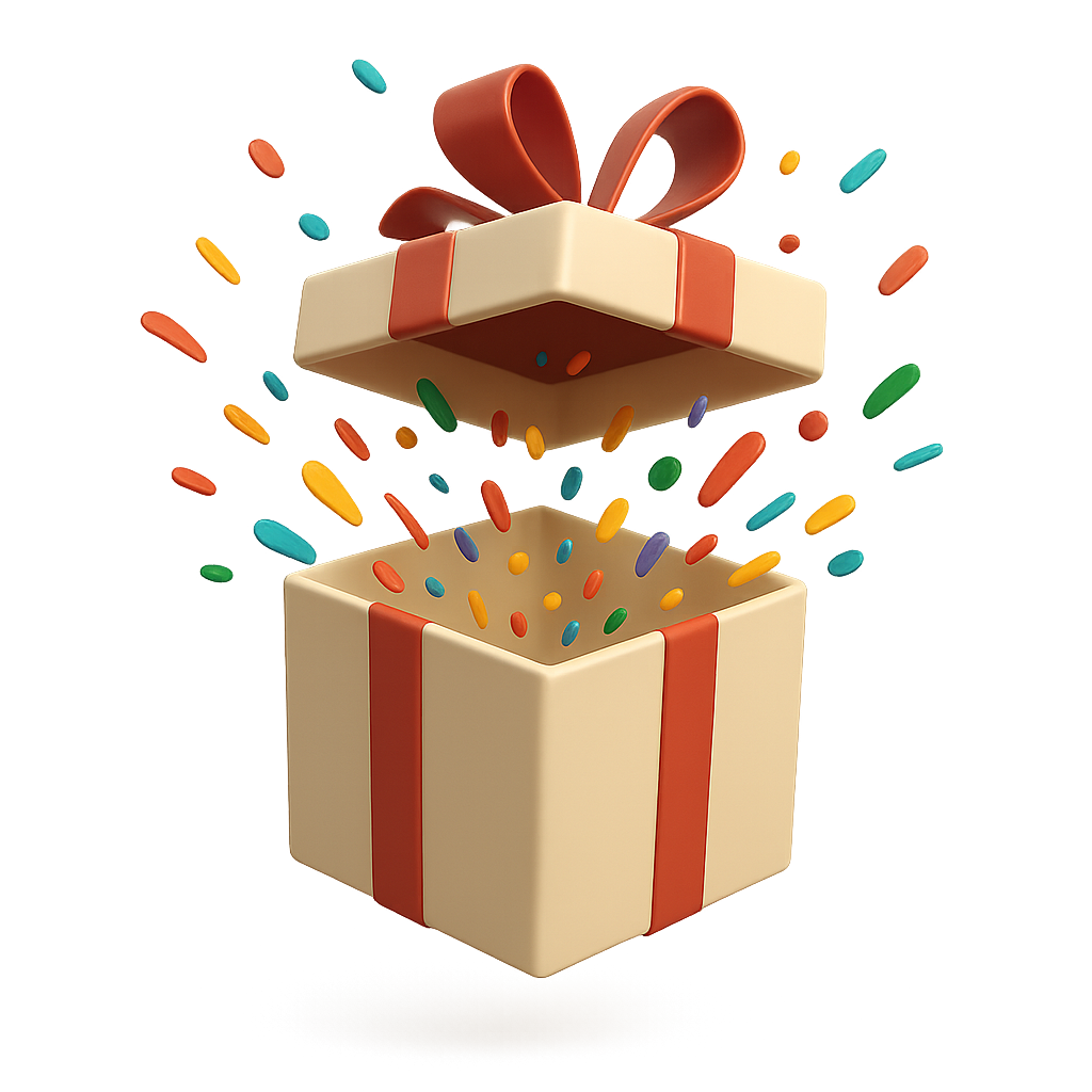 Create a super realistic 3D icon of a gift box bursting open with confetti flying out. The box should appear mid-animation, with the lid popping up and colorful confetti suspended in motion. Hyper-realistic materials and clean lighting. No background (transparent), minimalistic and polished render
