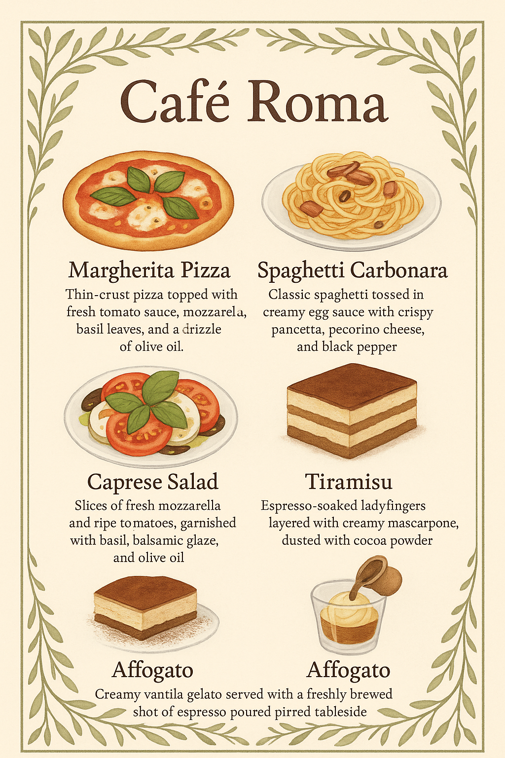 Create a clean and charming one-page restaurant menu for a cozy Italian café named "Café Roma." The menu should prominently feature the café’s name at the top in an elegant, inviting font. Include exactly five menu items, each with a clear, appealing illustration placed beside its name.
Menu Items and Descriptions (each illustrated):
Margherita Pizza Thin-crust pizza topped with fresh tomato sauce, mozzarella, basil leaves, and a drizzle of olive oil.
Spaghetti Carbonara Classic spaghetti tossed in creamy egg sauce with crispy pancetta, pecorino cheese, and black pepper.
Caprese Salad Slices of fresh mozzarella and ripe tomatoes, garnished with basil, balsamic glaze, and olive oil.
Tiramisu Espresso-soaked ladyfingers layered with creamy mascarpone, dusted with cocoa powder.
Affogato Creamy vanilla gelato served with a freshly brewed shot of espresso poured tableside.
Design Elements:
Surround the entire menu content with a decorative, elegant border inspired by traditional Italian motifs, such as vines, leaves, or floral patterns.
Utilize a soft, warm color palette with cream, olive greens, and subtle accents of red and brown.
Illustrations should be consistent, simple, and appealing, with a hand-drawn or watercolor style.
Maintain clear and readable typography, differentiating dish names, descriptions, and subtle price listings.