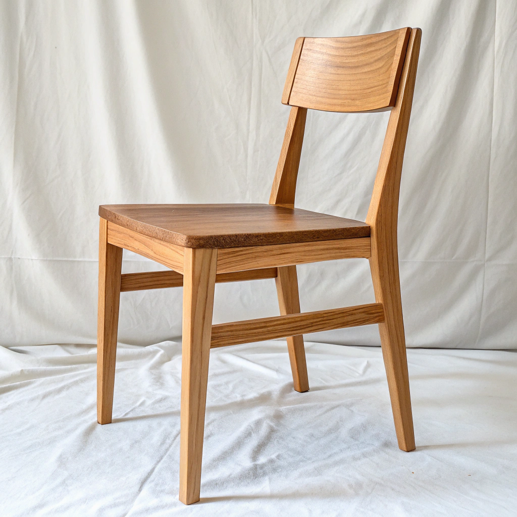 Generate a picture based on the prompt: Photo of a dining chair on a white backdrop, influenced by japanese minimalist design principles. The dining chair showcases a minimalist approach, emphasizing both simplicity and functionality. The natural wood finish, accentuating the grain, speaks to the beauty of raw materials. Its design, while straightforward, resonates with the essence of seating comfort.