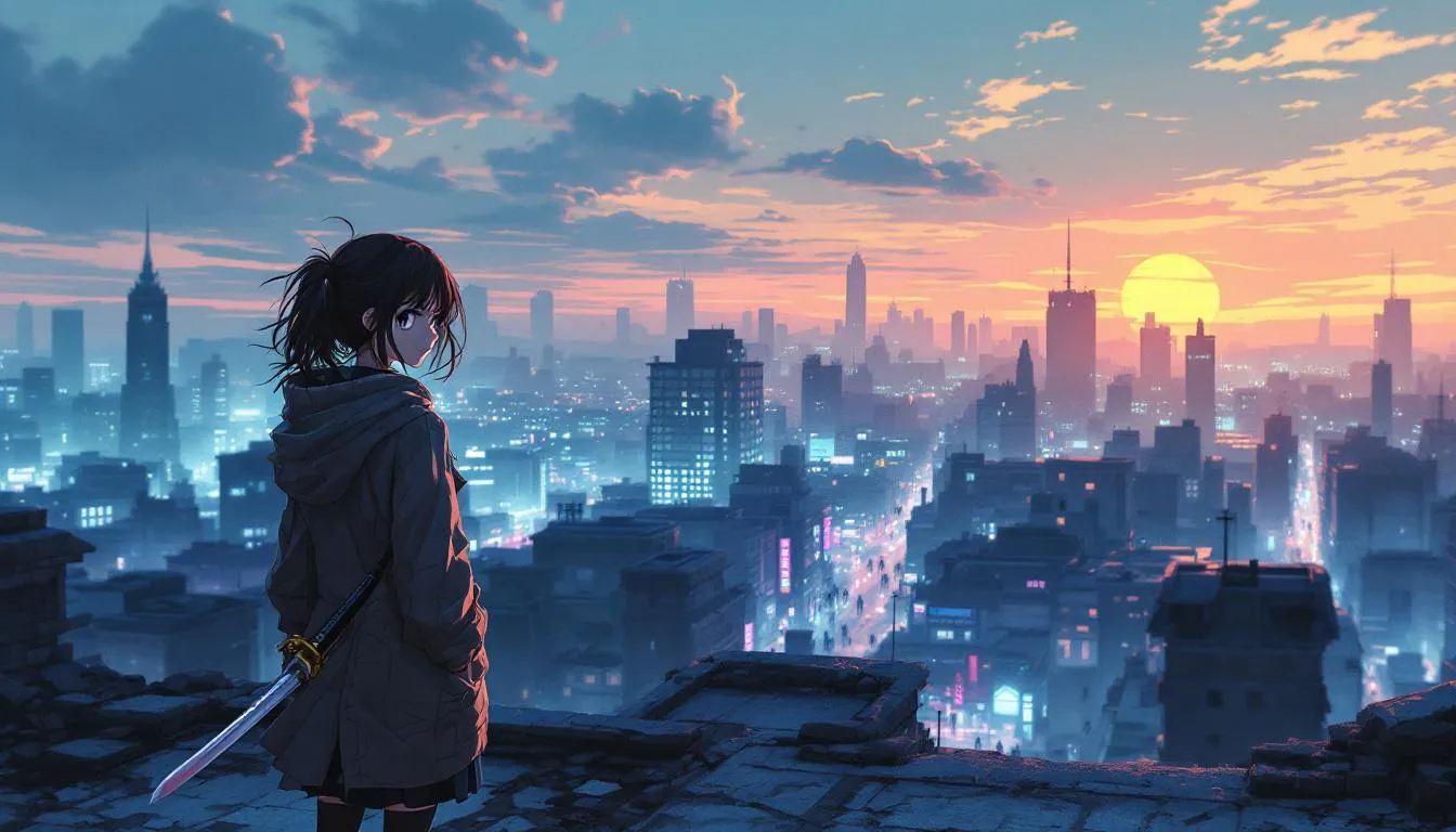 Moe Japanese Pixiv-style anime concept art of a young adult female protagonist standing on a ruined rooftop overlooking a softly-lit, pastel neon city at dusk. Cute but determined expression, large expressive eyes, stylized tattered coat, clean but slightly worn katana (no gore), hair fluttering, shadowy zombie silhouettes in the streets below (non-graphic), gentle cinematic teal and orange pastel lighting, soft painterly shading, adorable yet melancholic mood, high-detail Pixiv illustration, 16:9, high resolution, no text or logos.