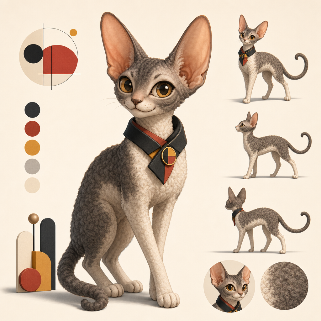 Create a polished original mascot character design for a Devon Rex cat IP, full-body 3/4 pose, centered on a clean warm ivory background. The cat has unmistakably oversized bat-like ears, short curly velvety fur, slender elegant body, long legs, expressive amber eyes, a small confident smile, and a friendly clever personality. Use a refined German-inspired visual language: minimalist industrial design, precise geometric accents, a small black-red-gold neck scarf or collar badge, subtle Bauhaus-inspired shapes, but no flags, no military imagery, no political symbols, no copied logos. Color palette: warm ivory, charcoal black, muted red, golden yellow, soft gray. High-end character design sheet feeling, clean silhouette, appealing for toys, stickers, stationery and animation, soft studio lighting, crisp edges, premium illustration, no text, no watermark.