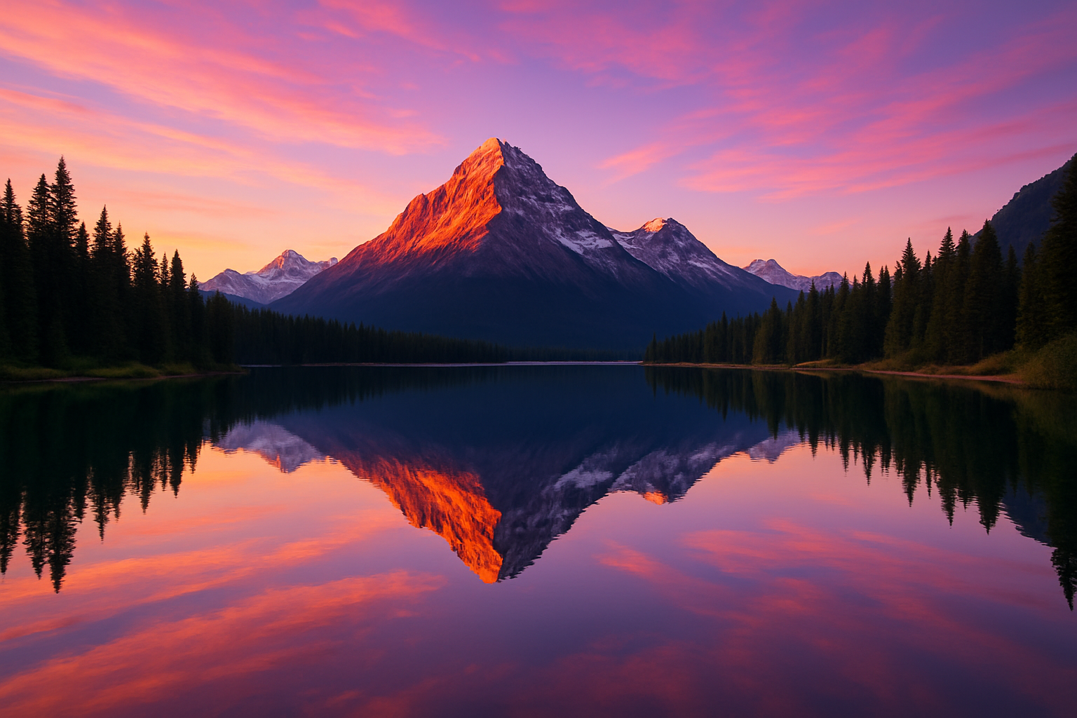 A serene mountain landscape at sunrise, featuring a peaceful lake reflecting the majestic mountains and a colorful sky transitioning from pink to purple as the sun rises.