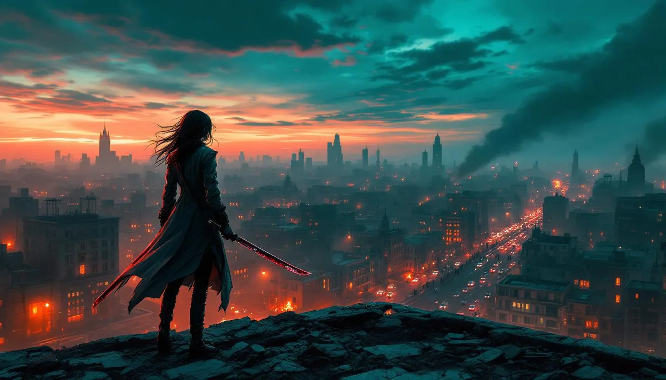 Anime-style concept art of a female protagonist standing on a ruined rooftop overlooking a neon-lit, destroyed city at dusk. She wears a tattered long coat, holds a blood-stained katana, hair blowing in the wind. The streets below are filled with shambling zombies and burning cars. Cinematic teal and orange lighting, smoky atmospheric haze, dramatic rim light, dynamic action pose, high-detail painterly textures, concept art, wide-angle, high resolution, no text or logos, studio-quality anime illustration.
