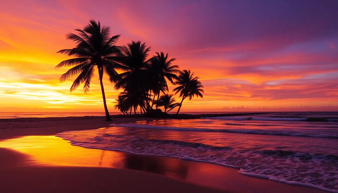 A stunning coastal scene during sunset, showcasing gentle waves on a sandy beach, vibrant orange and purple hues in the sky, with silhouette palm trees in the foreground. The water reflects the warm colors of the sunset, creating a serene and tranquil atmosphere.