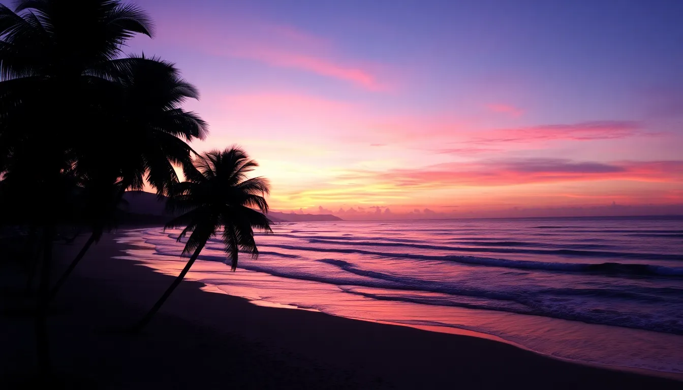 A realistic coastal landscape at sunset, featuring gentle waves rolling onto a sandy beach, with tall palm trees in the foreground. The sky is filled with vibrant shades of orange, pink, and purple, creating a serene and tranquil atmosphere.