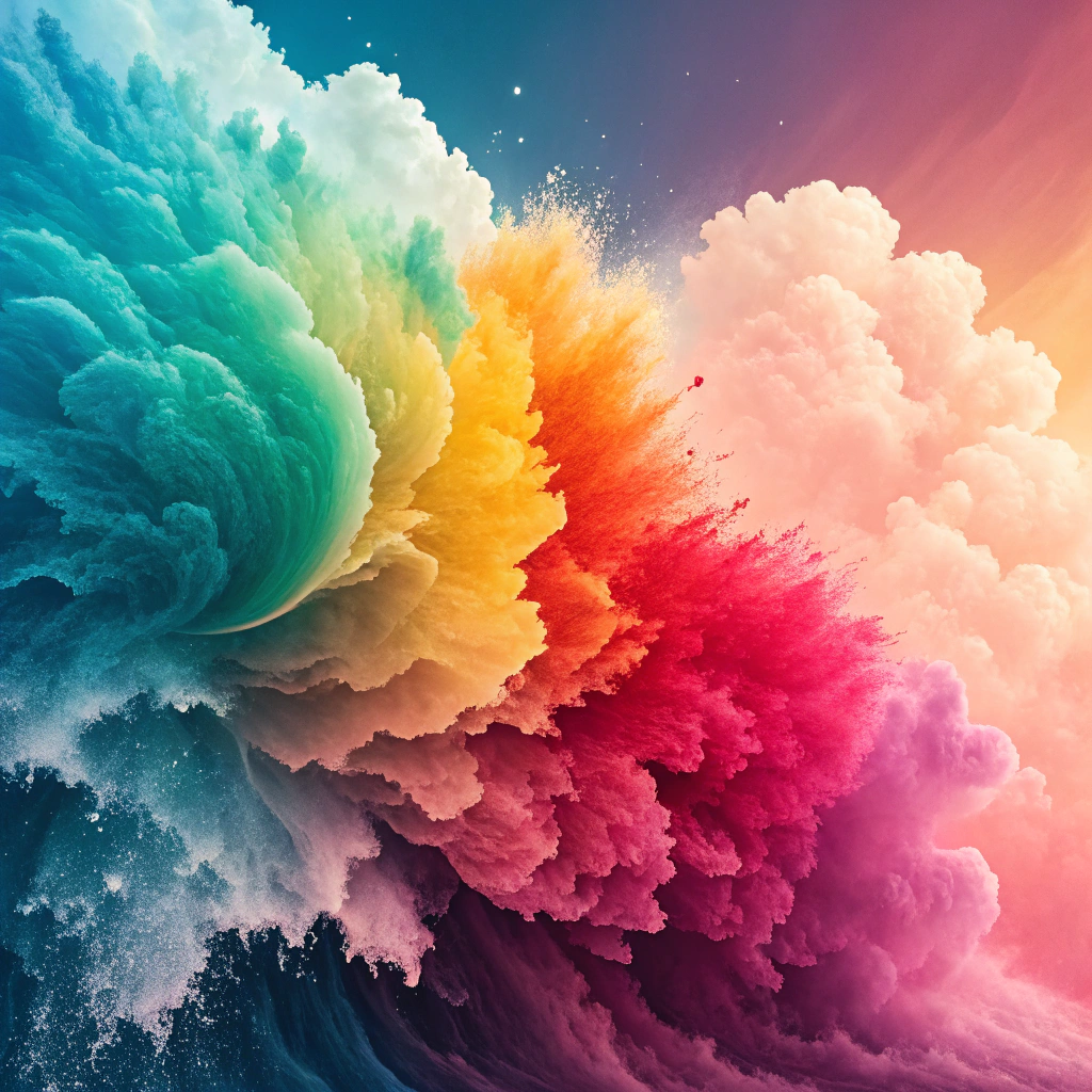 Generate an image bursting with vibrant colors and gradients, forming an abstract and visually striking composition. The colors should blend, conveying a sense of movement and energy.