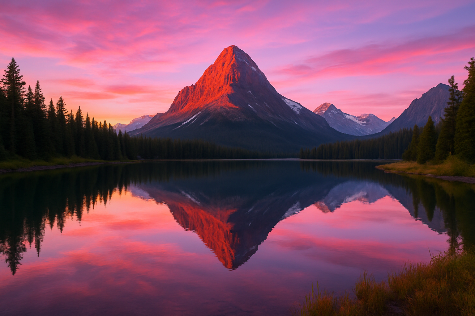 A serene mountain landscape at sunrise, featuring a peaceful lake reflecting the majestic mountains and a colorful sky transitioning from pink to purple as the sun rises.
