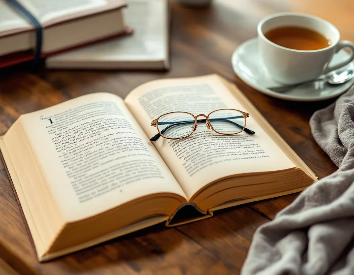 Photorealistic photograph of an open hardcover book lying on a wooden table next to a pair of reading glasses and a cup of tea. Neutral, natural daylight lighting; no dramatic or stylized effects. Simple composition with the book centered, glasses placed to the right, and a plain ceramic cup of tea nearby. Shallow depth of field with gentle background blur, warm natural colors, no additional props, no legible text or brand logos visible on pages or objects.