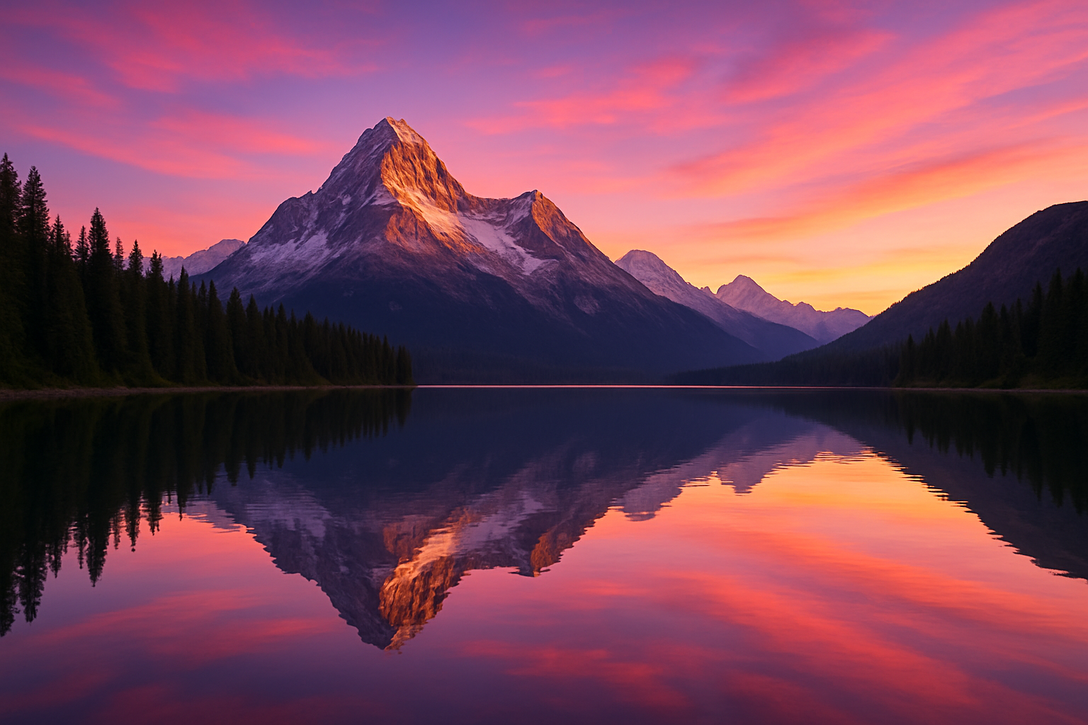A serene mountain landscape at sunrise, featuring a peaceful lake reflecting the majestic mountains and a colorful sky transitioning from pink to purple as the sun rises.