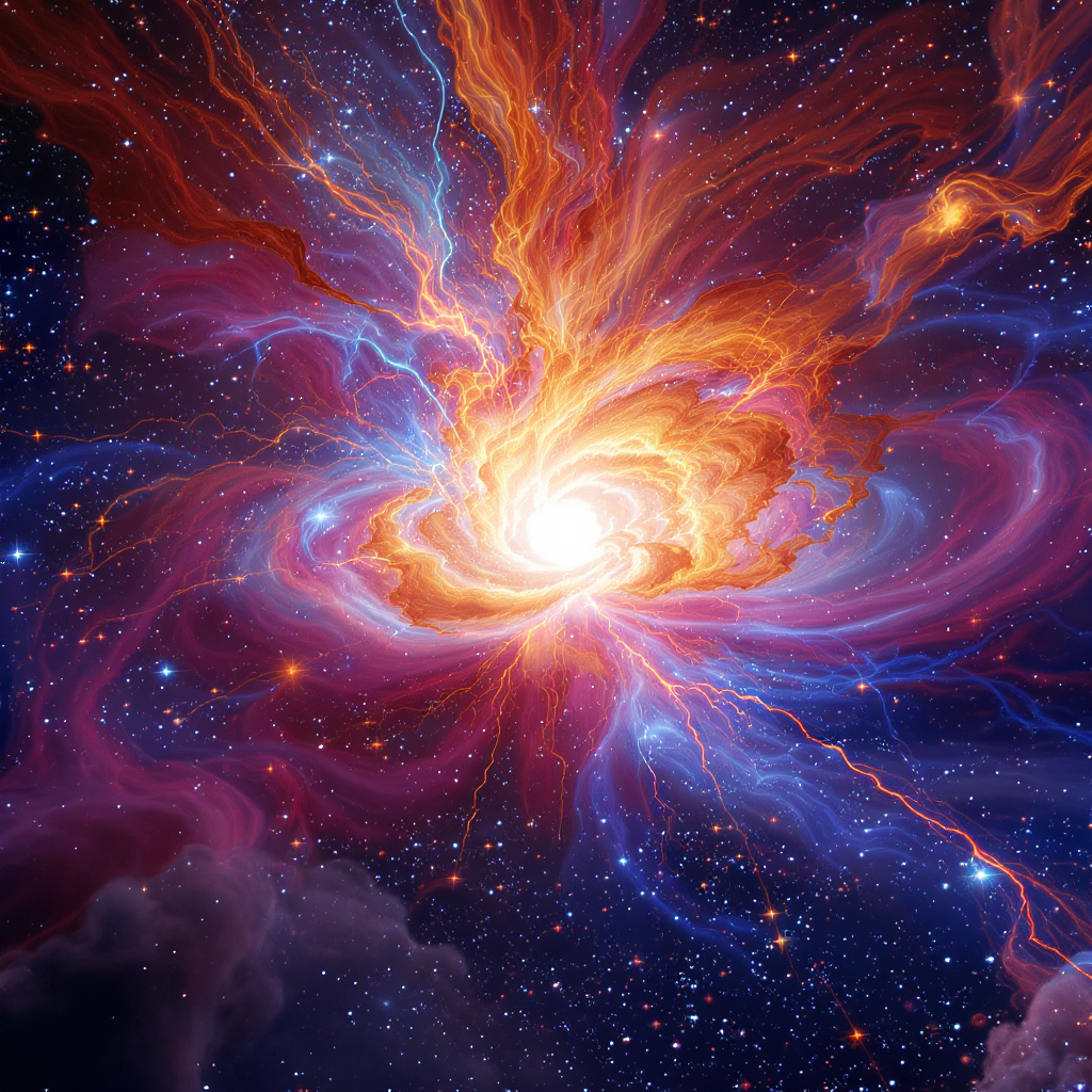 A stunning realistic representation of a supernova explosion, showcasing vibrant colors and dynamic patterns of light and energy. The image should capture the chaos and beauty of the cosmic event, with bright hues of blue, red, orange, and yellow radiating outward, surrounded by starry backgrounds and intricate cosmic textures.