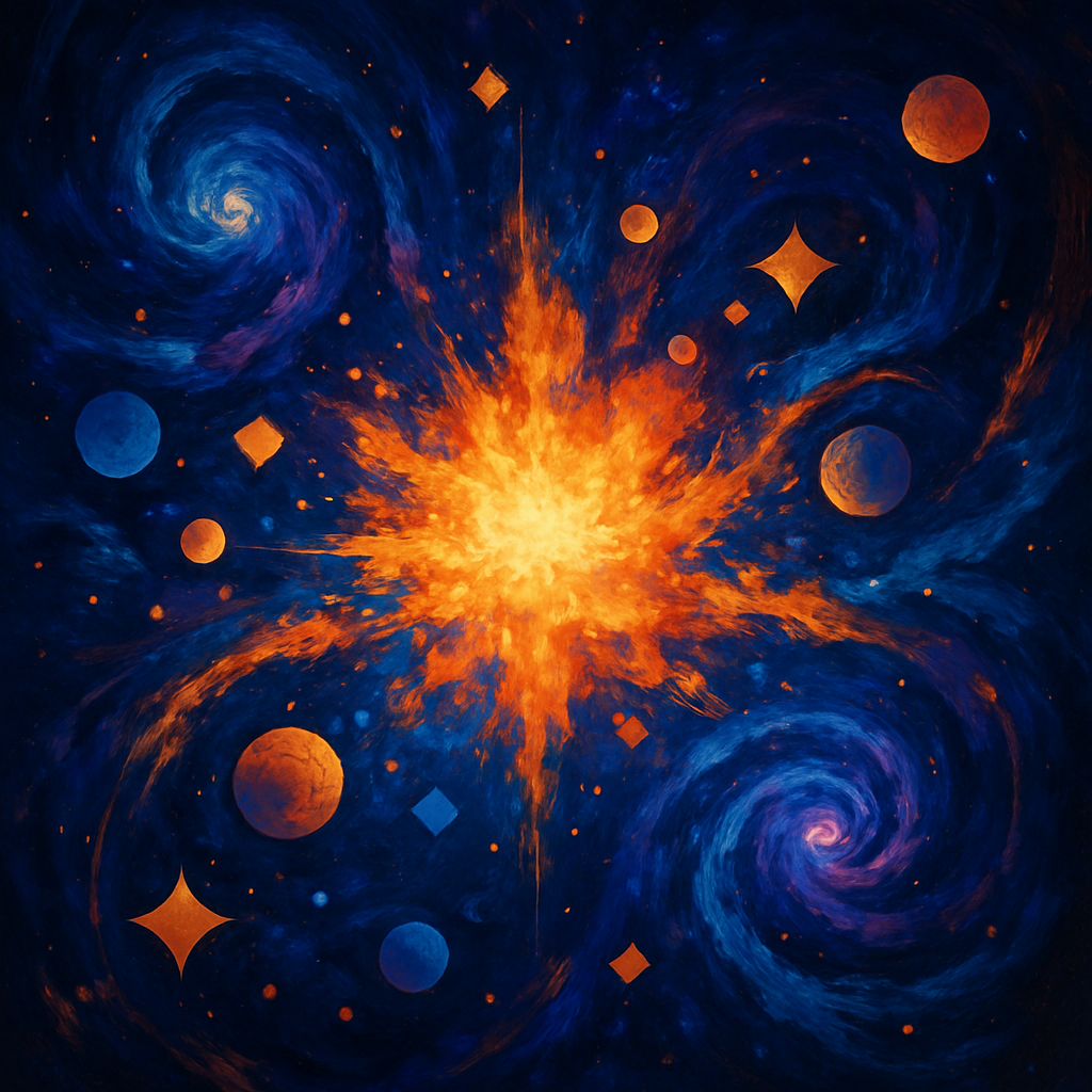 An abstract representation of a cosmic explosion, featuring swirling galaxies, vibrant nebulae, and floating geometric shapes that resemble stars and planets. The color palette should include deep blues, purples, and bursts of bright oranges and yellows, giving a sense of dynamic movement and depth.