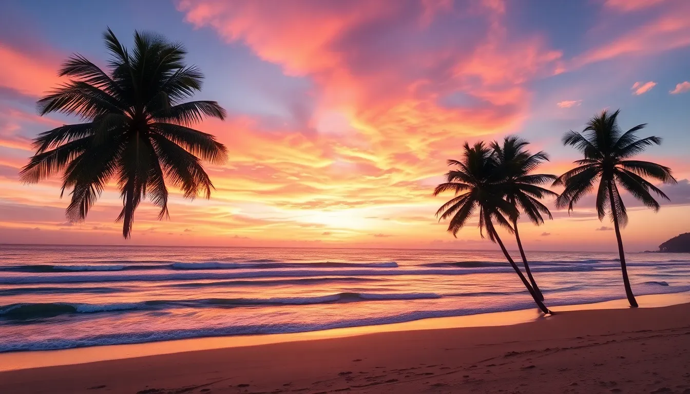 A realistic coastal landscape at sunset, featuring gentle waves rolling onto a sandy beach, with tall palm trees in the foreground. The sky is filled with vibrant shades of orange, pink, and purple, casting reflections on the water for a serene atmosphere.