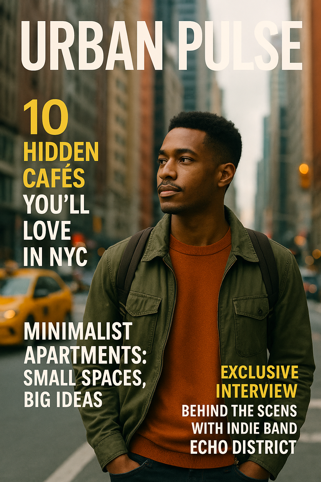Create a professional and visually engaging magazine cover for a lifestyle magazine called "Urban Pulse." Include these featured article headlines clearly:
"10 Hidden Cafés You'll Love in NYC"
"Minimalist Apartments: Small Spaces, Big Ideas"
"Exclusive Interview: Behind the Scenes with Indie Band Echo District"
Use contemporary typography, vibrant colors, and include an eye-catching main photograph with a person standing in front of a city scene