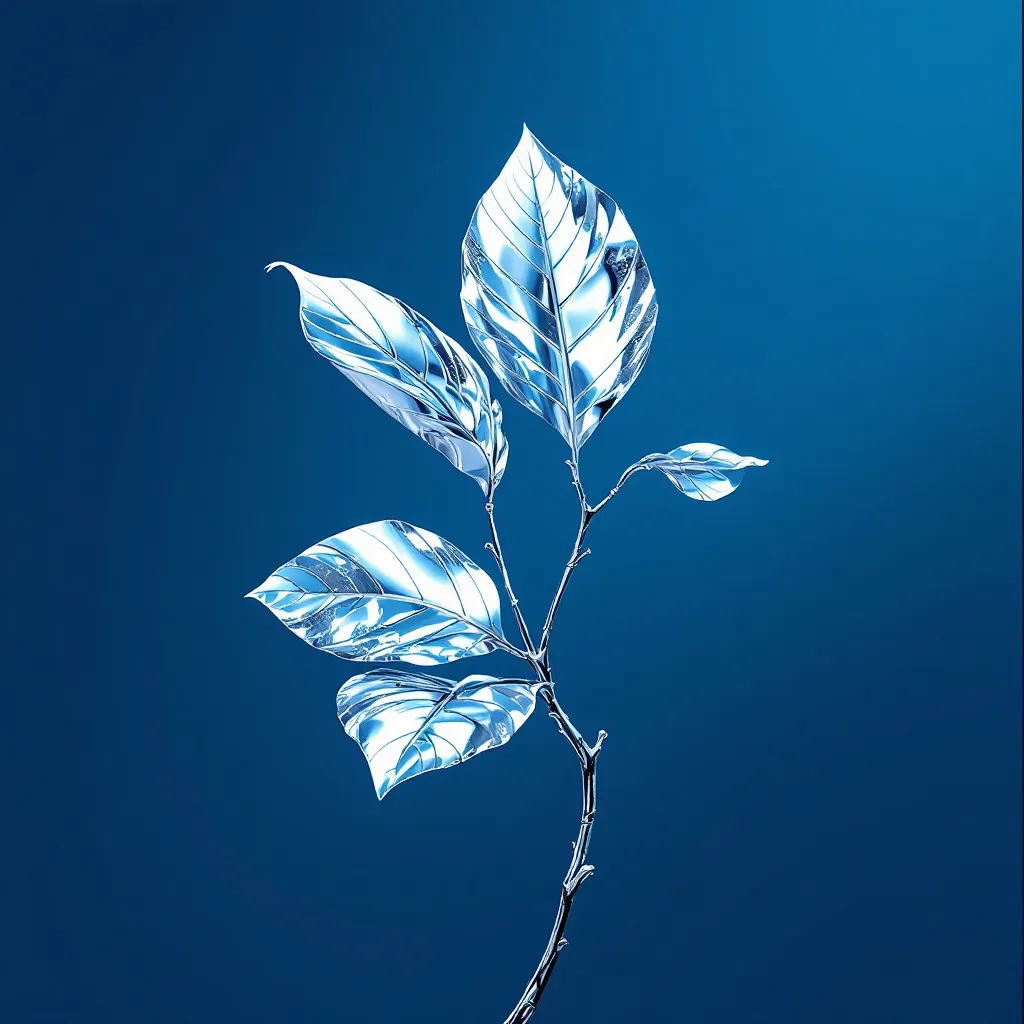 branch with three leaves, designed in the style of Hajime Sorayama, featuring sleek silver and chrome surfaces with highly reflective metallic textures, ultra-detailed and futuristic. Set against a clean, vibrant blue background that enhances the shiny highlights and rich reflections. Hyperrealistic rendering, high-resolution, dramatic lighting, glossy finish, elegant sci-fi aesthetic