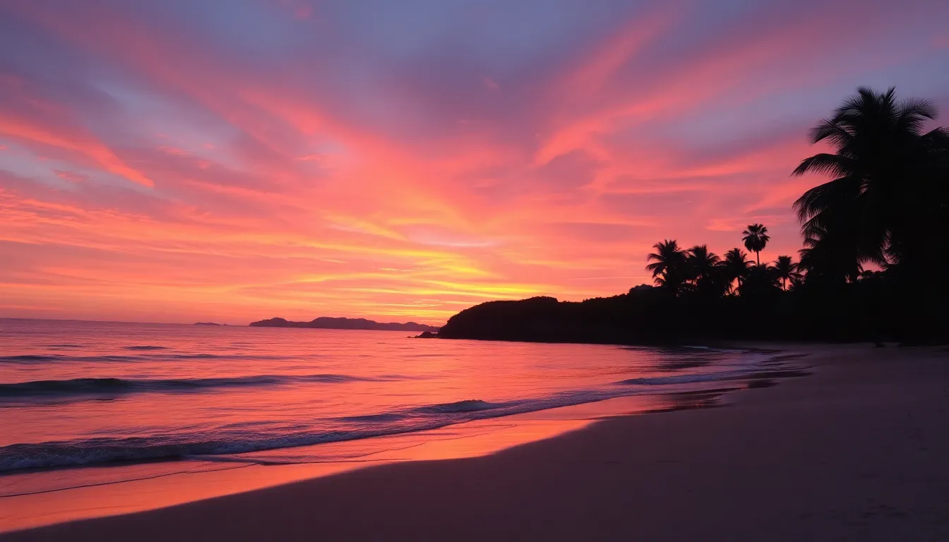 A realistic coastal landscape at sunset, with gentle waves lapping on a sandy beach, palm trees silhouetted in the foreground, and a sky filled with vibrant shades of orange, pink, and purple reflecting on the water.