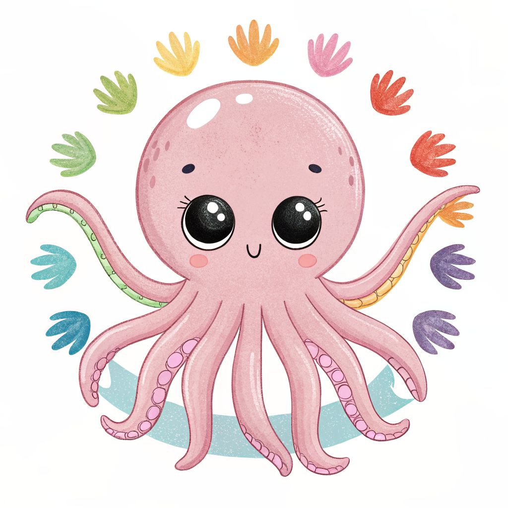 A cartoon illustration of a pink, round, octopus-like creature with a humanoid face. The creature has many arms, each ending in a hand with fingers. The arms are spread out in a circular pattern around the body. Each hand is a different pastel color, including light blue, pink, yellow, orange, green, and purple. The creature has large, heavy-lidded eyes with dark circles underneath, and its mouth is a simple line. The overall style is whimsical and slightly surreal.