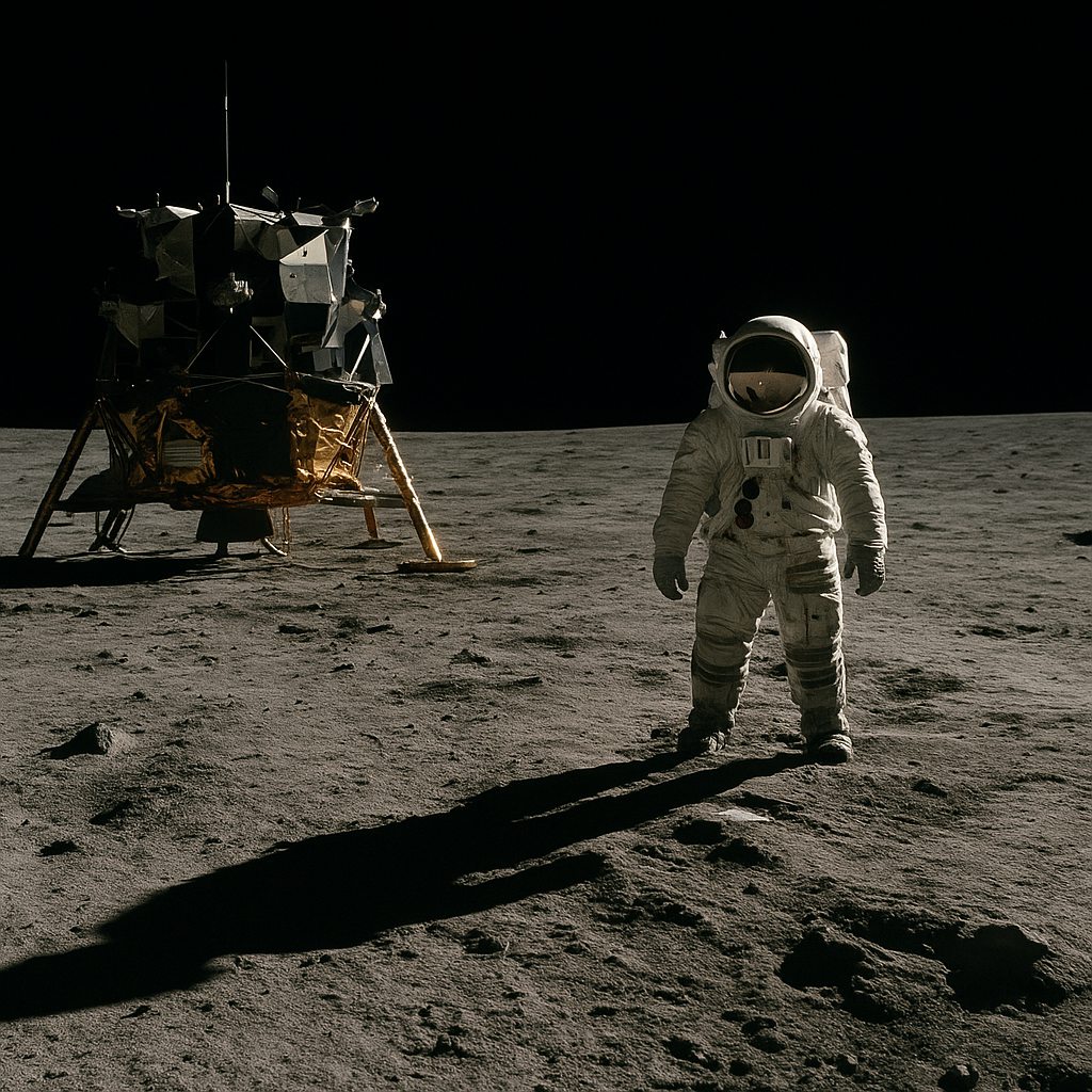 Generate an image capturing the moon landing, featuring a lone astronaut standing on the lunar surface. Show the Apollo 11’s Eagle module sitting nearby.